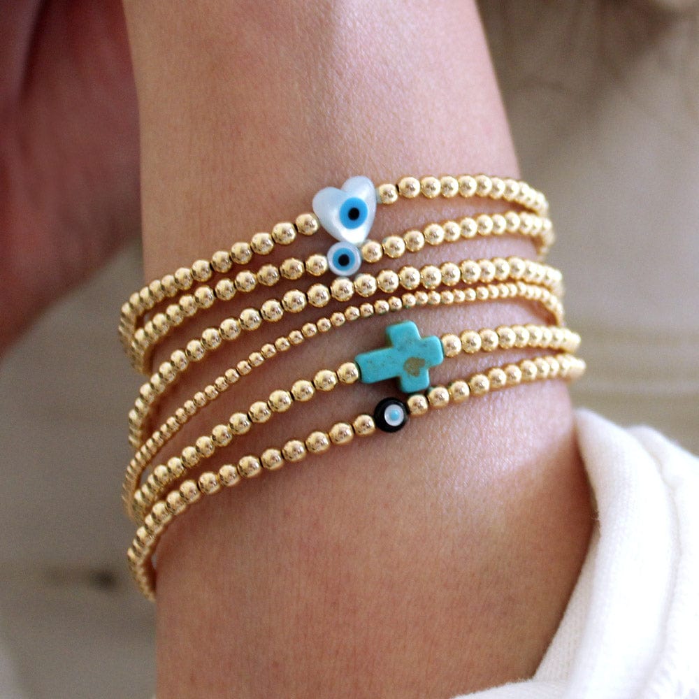 LJ Gold Filled Bead Bracelet with Heart Evil Eye