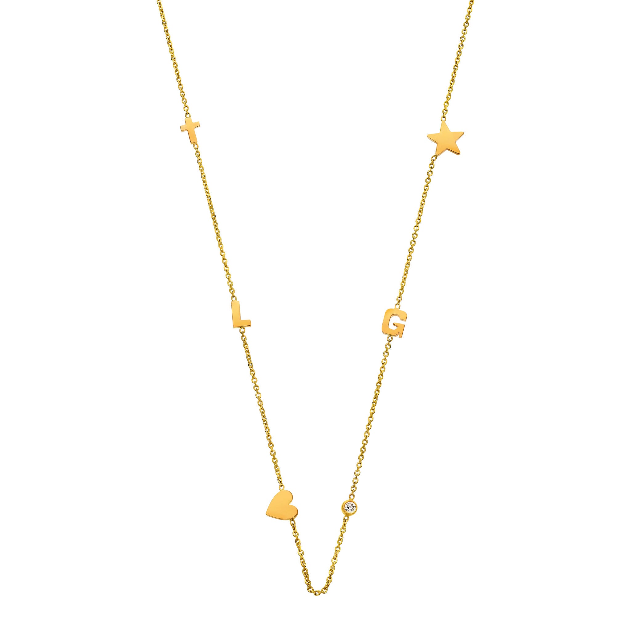 Hand Cut 2 Letters, Heart, Diamond & Cross Necklace